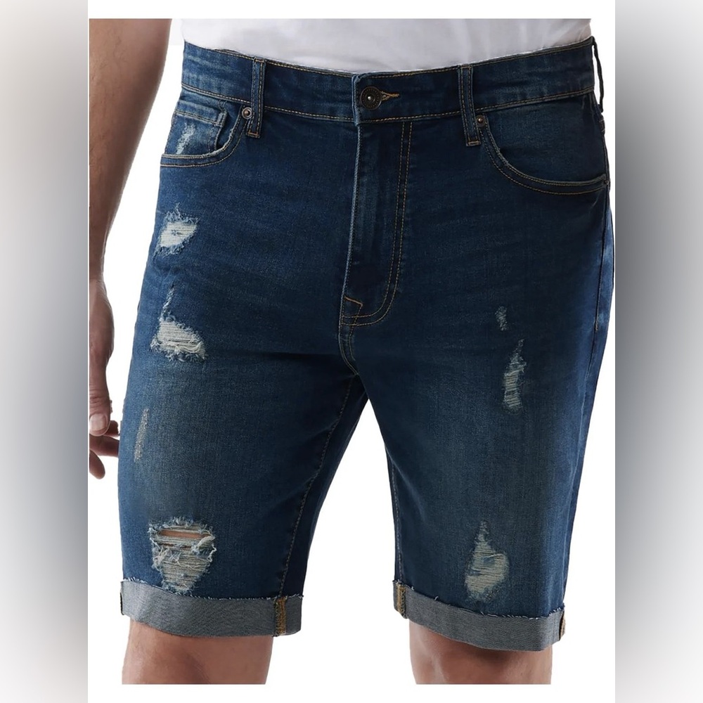 LAZER NWT! Men'S Maxie Cuffed Blue Wash Midi Denim Slim Short Size 36